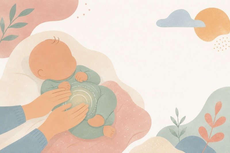Ilustração de mãos acolhendo a barriga de um bebê deitado — cólicas do bebê