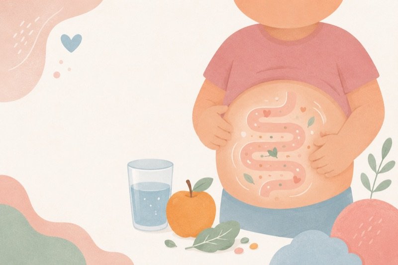 Ilustração de criança segurando a barriguinha ao lado de água e maçã — constipação intestinal na criança